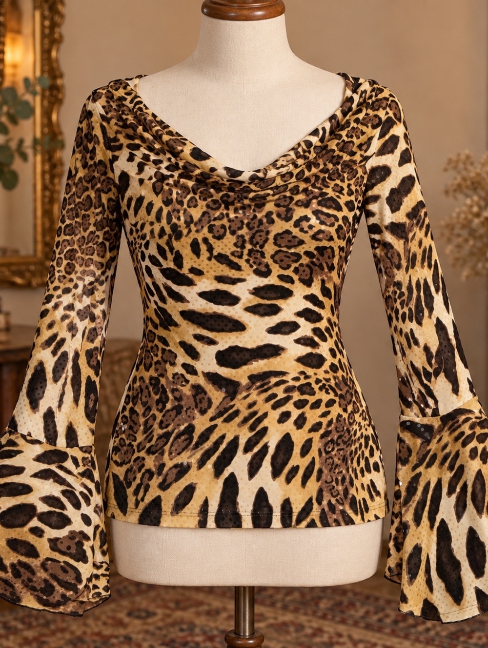 Mesmerize leopard print sequined bell sleeve top size S